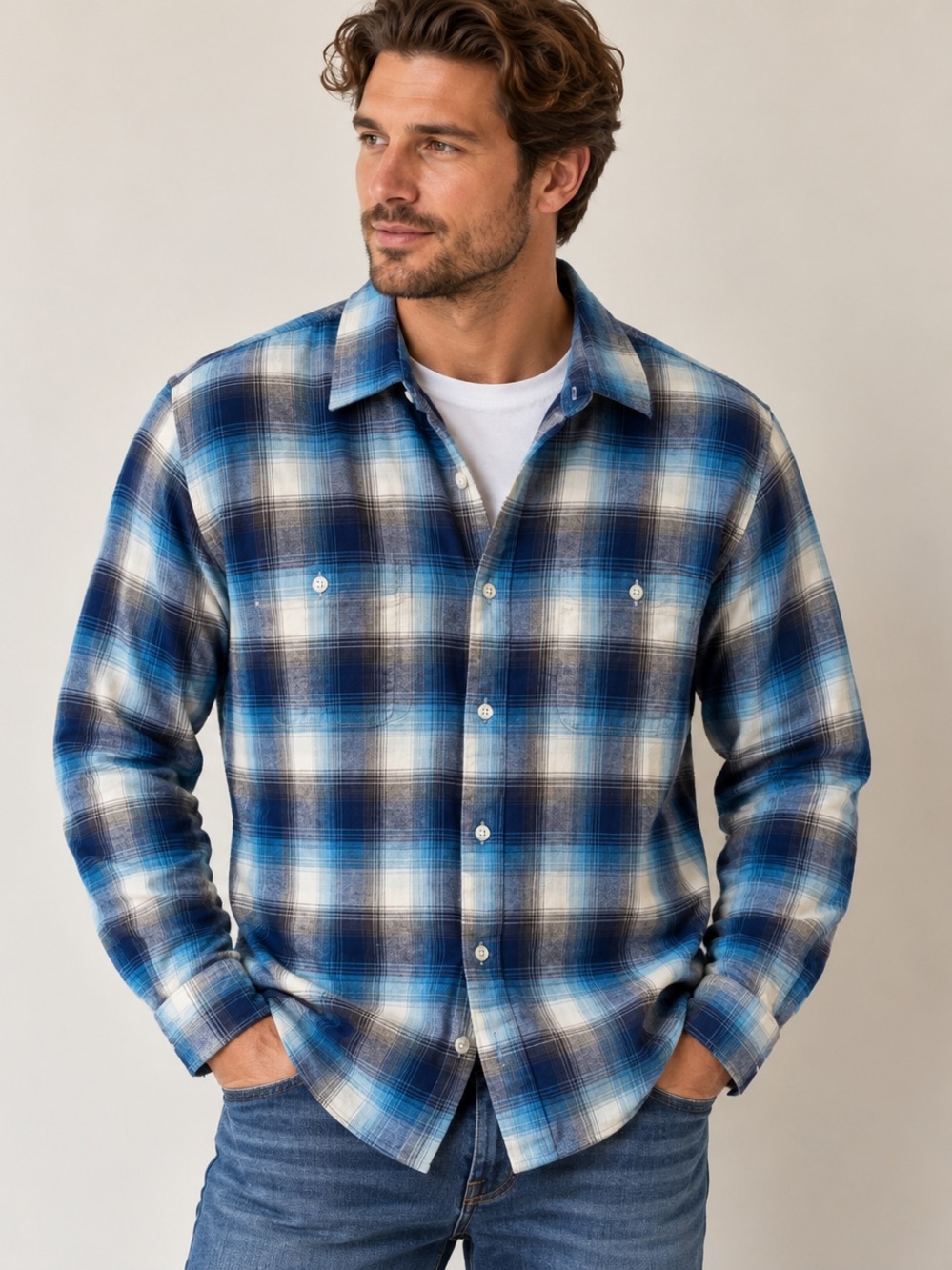 Ben Sherman Blue Plaid Cotton Rayon Lightweight Button Down Shirt